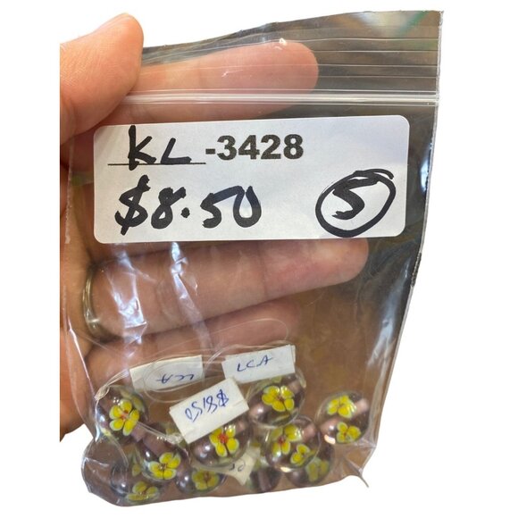 Handcrafted Lampwork Glass Beads With Floral Design  Purple & Yellow  Set Of 5 - Picture 2 of 2